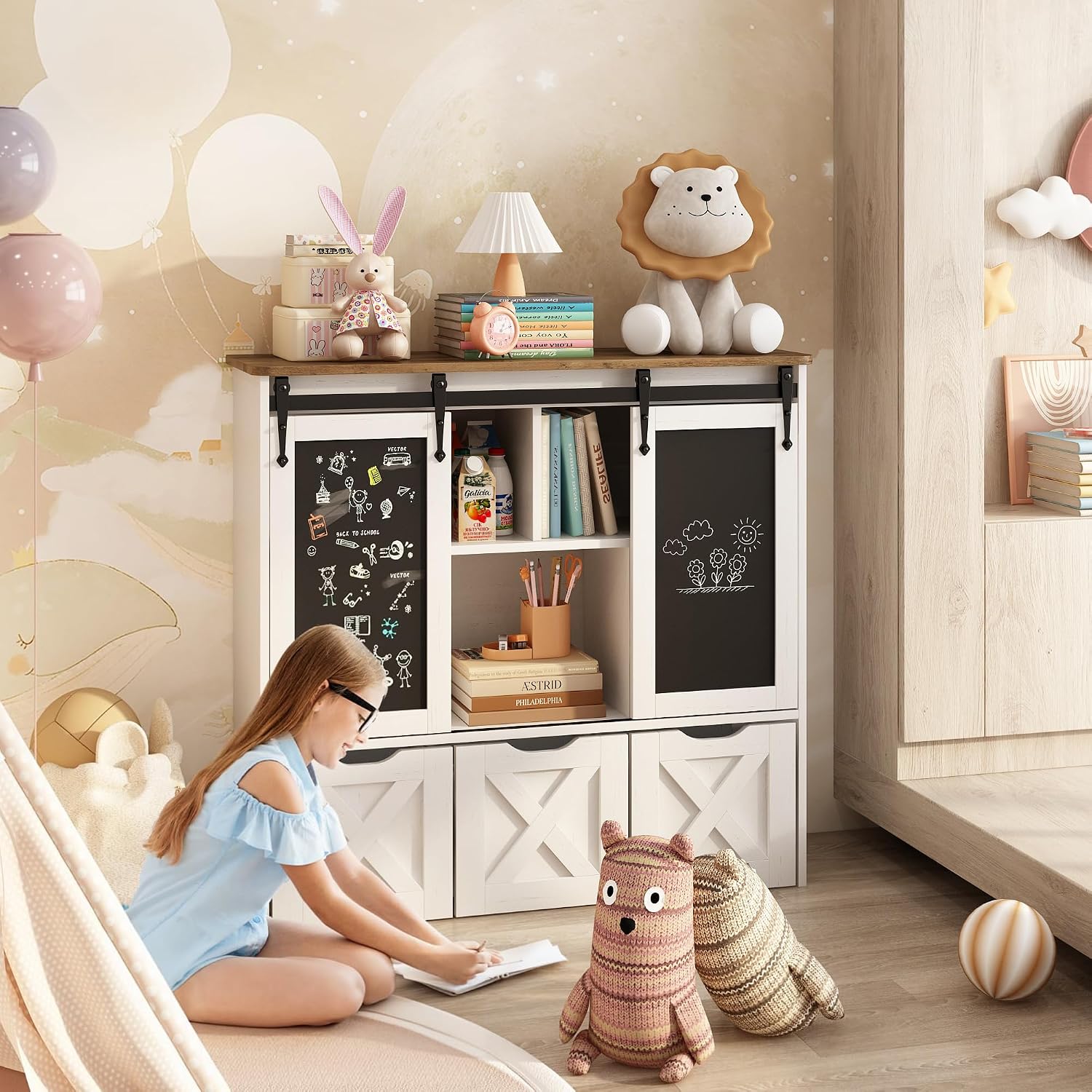 Vabches Toy Storage Organizer with Sliding Chalkboard, Kids Bookshelf and Bookcase with 3 Movable Drawers & 5 Storage Cubbies, Multifunctional Storage Cabinet Toy Chest for Playroom,Nursery, Kids Room