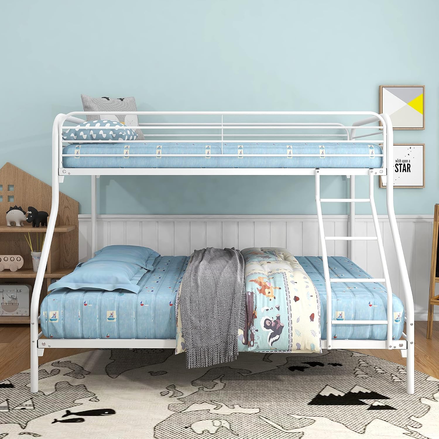 Twin-Over-Full Metal Bunk Bed with Enhanced Upper-Level Guardrail,Classic Bedroom Double Bed Frame w/Slats Support and Inclined Ladder,Easy Assembly,for Kid Adult Boy Girl Teen,White