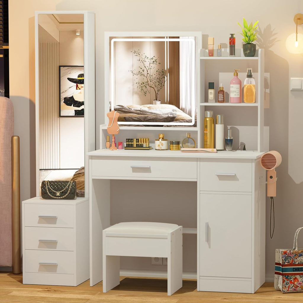 Greenvelly Vanity Desk with Mirrors and Lights,White Modern Vanity with Lighted Mirror and Chair,Makeup Dressing Table with Drawers for Women,Girl,Bedroom