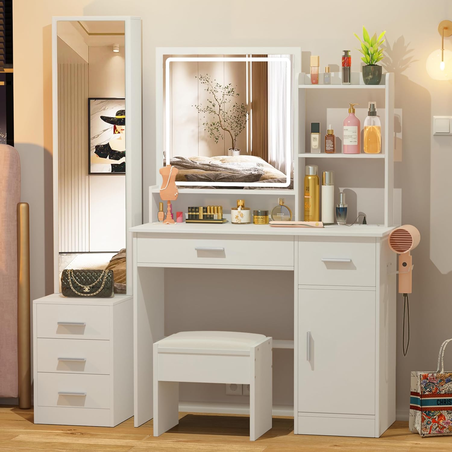 Greenvelly Vanity Desk with Mirrors and Lights,White Modern Vanity with Lighted Mirror and Chair,Makeup Dressing Table with Drawers for Women,Girl,Bedroom
