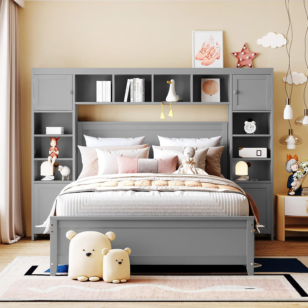 Merax Full Size Platform Bed with 4 Drawers, Wooden Full Bed with All-in-One Cabinet and Shelf, Gray