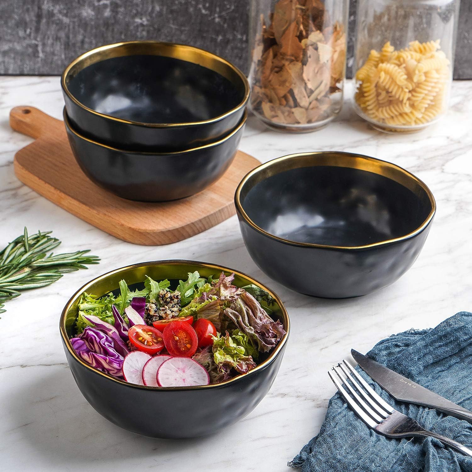 Stone Lain Florian Modern Porcelain Dish Set, 32-Piece Dishes for 8, Gold and Black