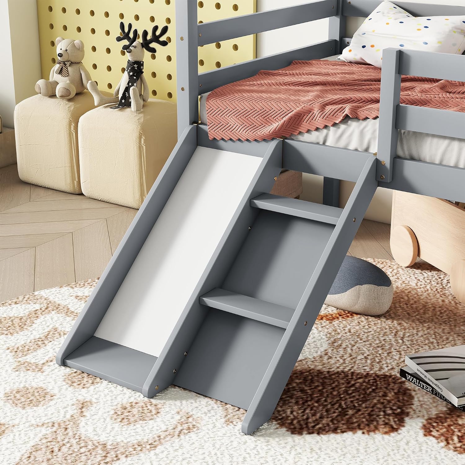 Twin Size Low Loft Bed with Slide and Ladder,Bed Frame W/Safety Guardrails & House Shape Roof,for Bedroom,Apartment,Guest Room,Easy Assembly,Grey