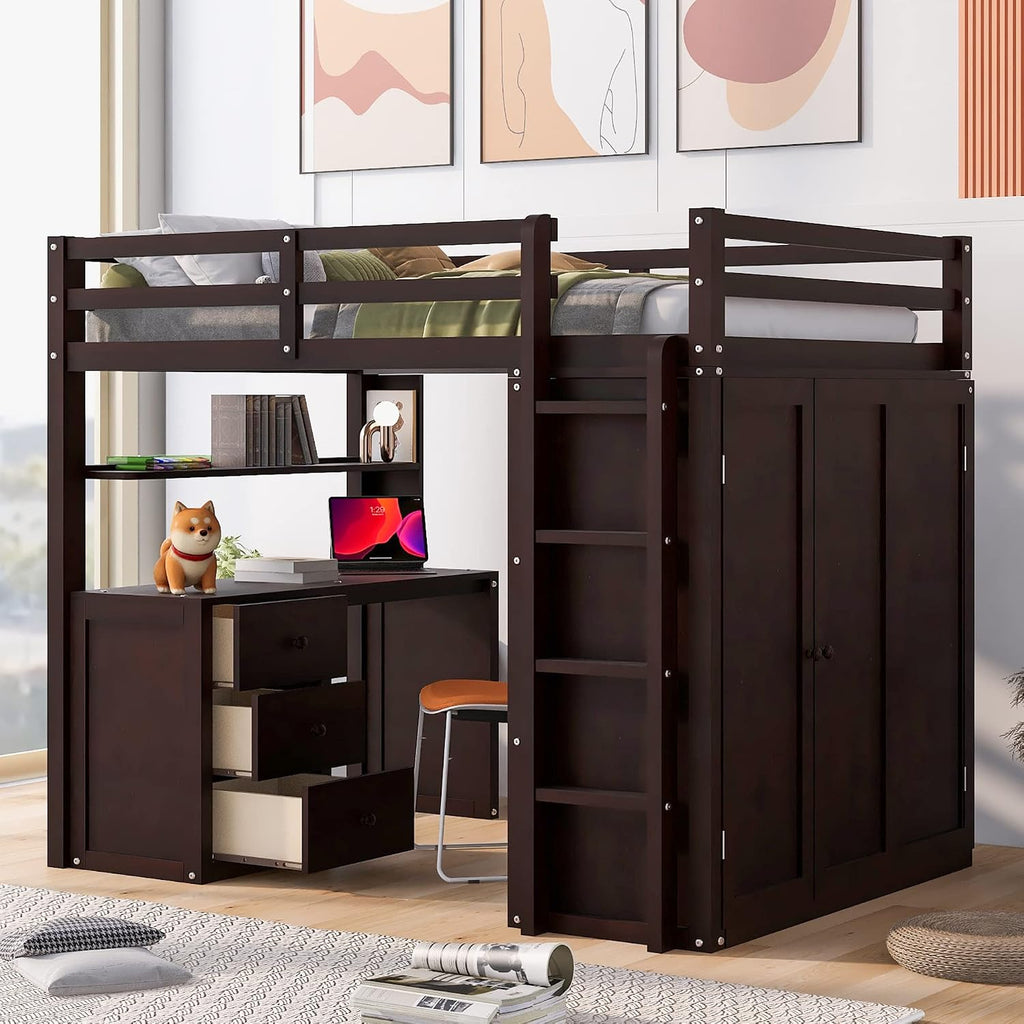 Full Size Loft Bed with Drawers and Desk, Wardrobe, Ladder for Kids, Adults, Girls, Bedroom, Easy Assembly, No Box Spring Needed, Space-Saving, Espresso