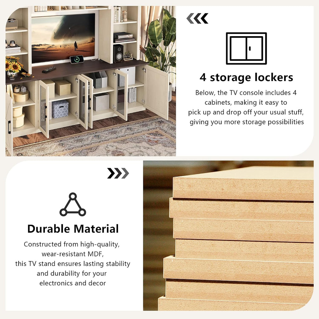Entertainment Center Wall Unit with Storage for TVs Up to 55', Farmhouse TV Stand with Bookcase and Storage Cabinets, TV Stand Media Console for Living Room, Beige