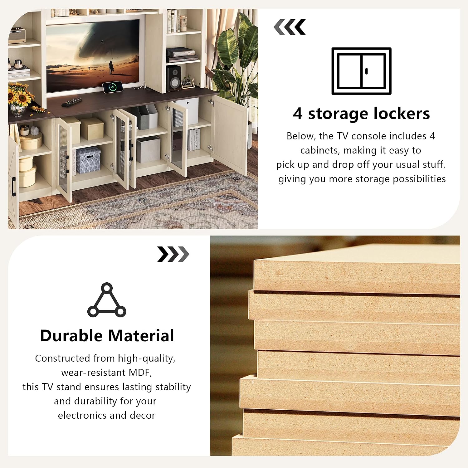 Entertainment Center Wall Unit with Storage for TVs Up to 55', Farmhouse TV Stand with Bookcase and Storage Cabinets, TV Stand Media Console for Living Room, Beige
