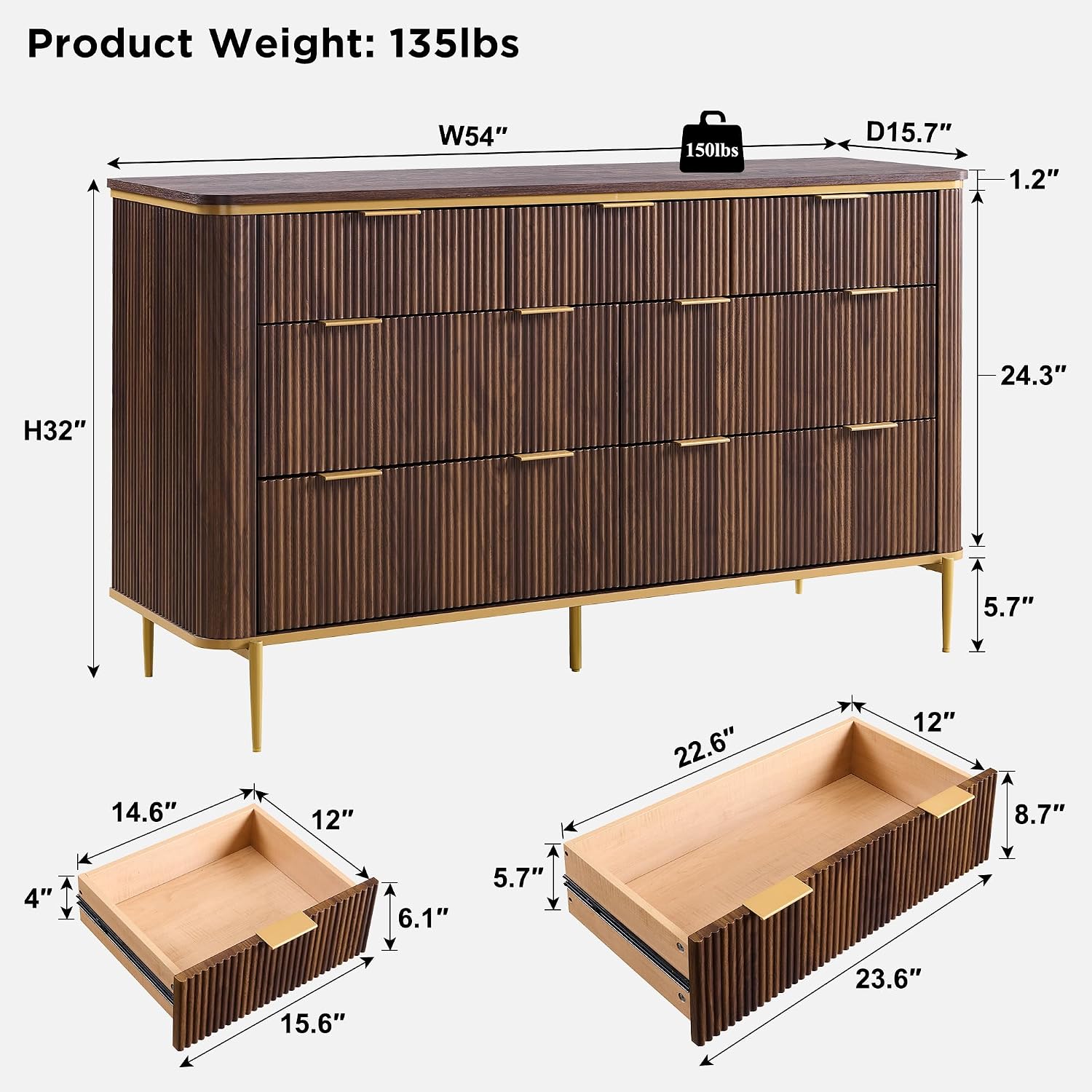 T4TREAM Fluted 7 Drawers Dresser for Bedroom, 54' Wide Modern Dresser TV Stand, Gold Accents, Fluted Fronts, Wood Storage Dressers Organizer for Bedroom, Living Room, Dark Walnut