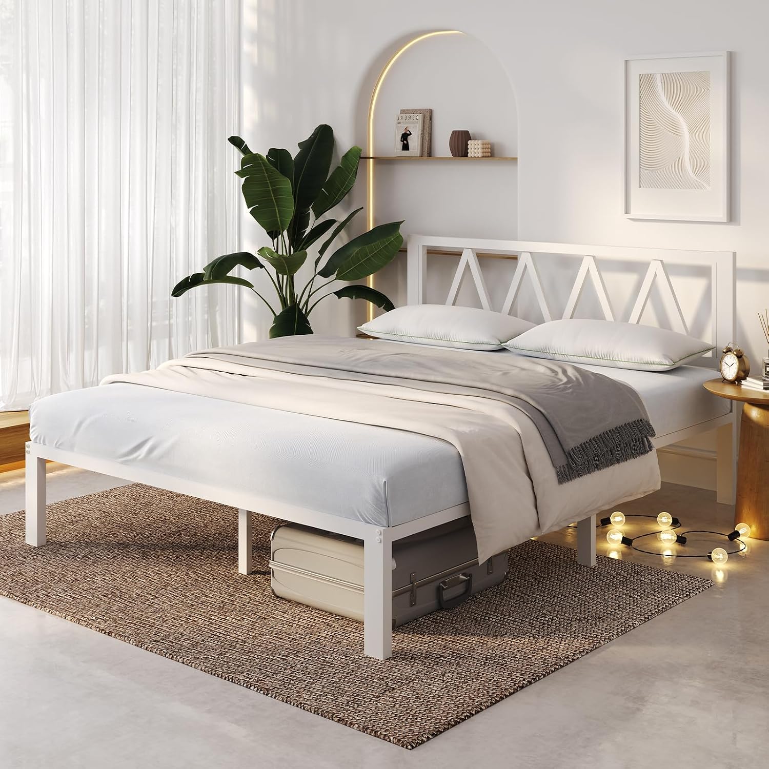 Novilla 14 Inch King Size Bed Frame with Headboard, White Metal Platform Bed Frame, King Bed Frame No Box Spring Needed, Easy Assembly