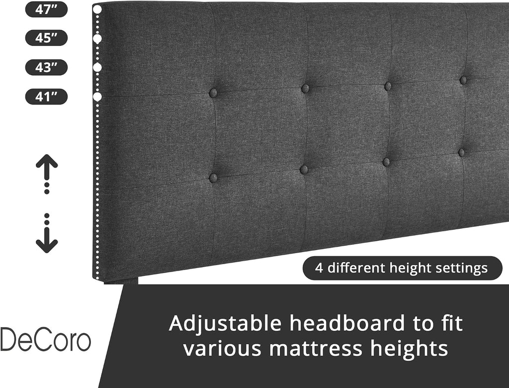 Decoro Cambridge Upholstered Wooden Platform Bed Frame, Queen Size, Dark Grey