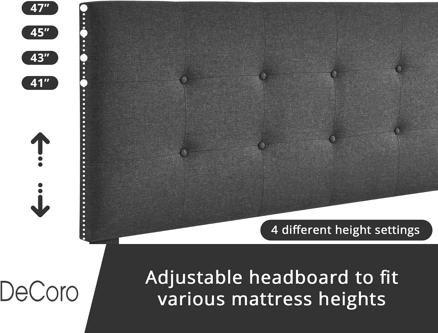 Decoro Cambridge Upholstered Wooden Platform Bed Frame, Queen Size, Dark Grey