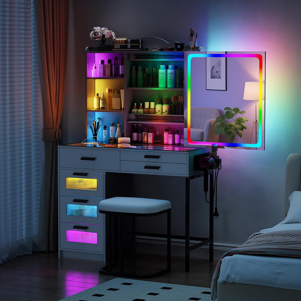 Glass Top Makeup Vanity Desk with RGB LED Light & Adjustable Mirror, Modern Makeup Dresser with Charging Station,Vanity Table Set with 6 Drawers & Hair Dryer Holder for Bedroom,Grey