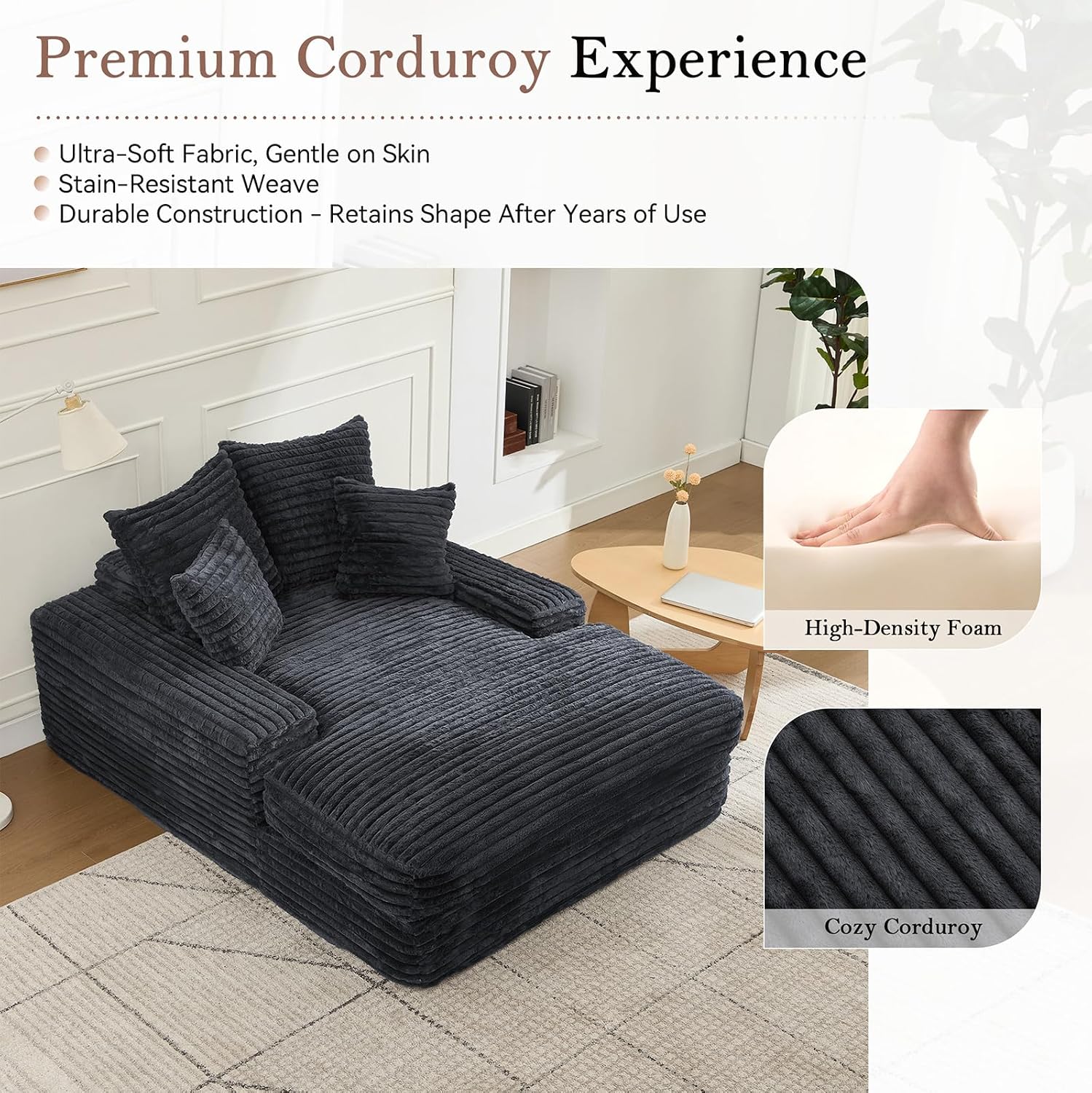 Oversized Chaise Lounge Chair Indoor, 62.6' Cloud Boneless Sleeper Couch Corduroy Upholstered Sofa Bed Deep Seat Comfy Reading Chair with 3 Pillows for Living Room Bedroom, Crey