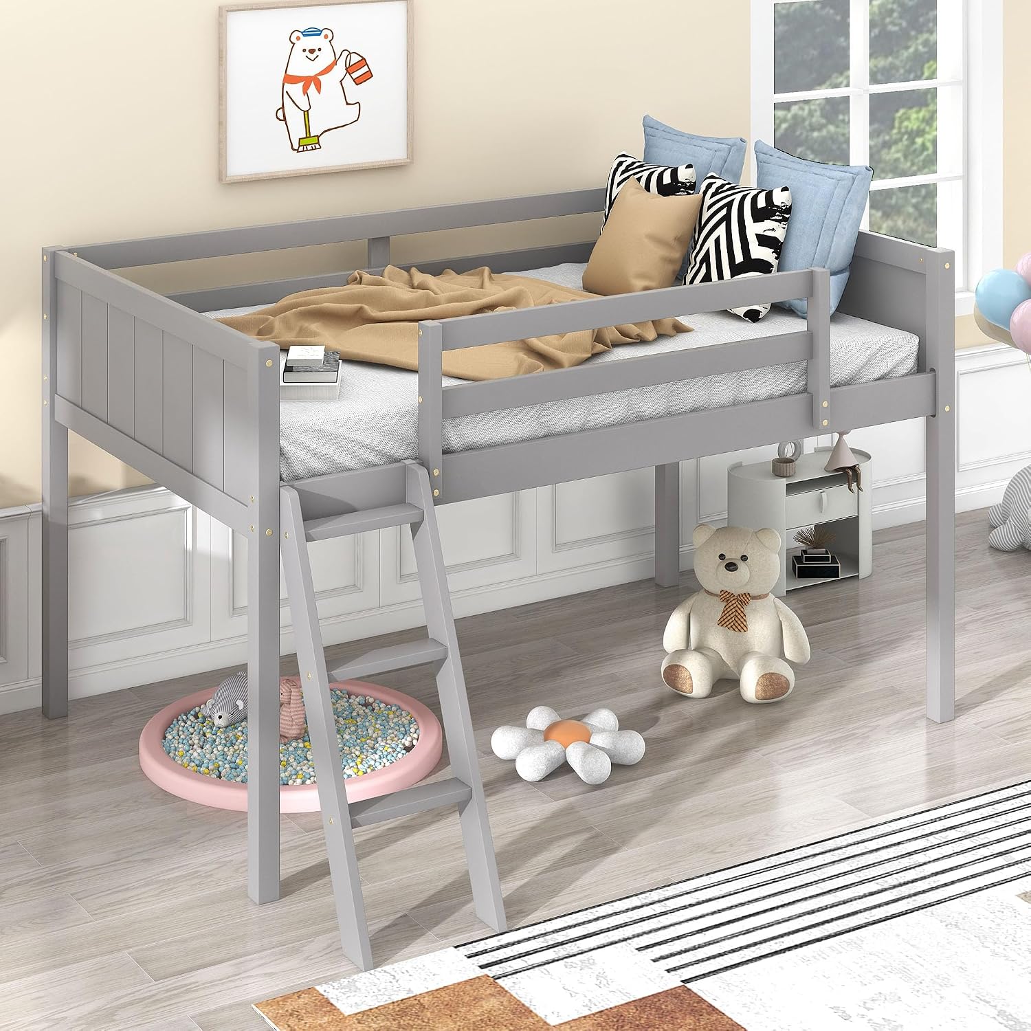 Twin Size Loft Bed, Wood Low Loft Bed with Convertible Ladder, Ladder can be Placed on the Left or Right, Safety Guardrails, Wood Slats Support, No Box Spring Required (Gray & Convertible Ladder)