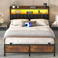 Homieasy Full Size Bed Frame with Charging Station, Industrial Led Bed Frame with Upholstered Leather Headboard, Rustic Brown