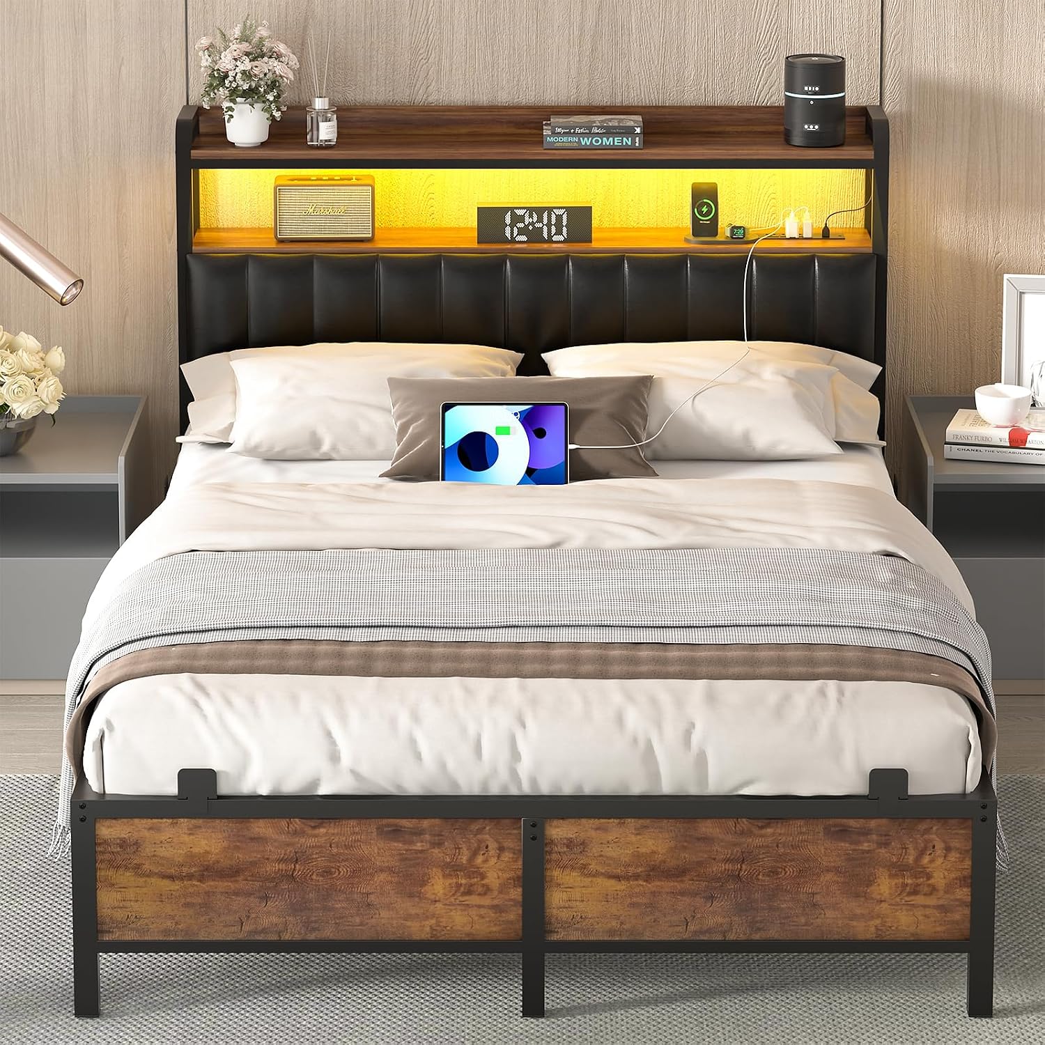 Homieasy Full Size Bed Frame with Charging Station, Industrial Led Bed Frame with Upholstered Leather Headboard, Rustic Brown