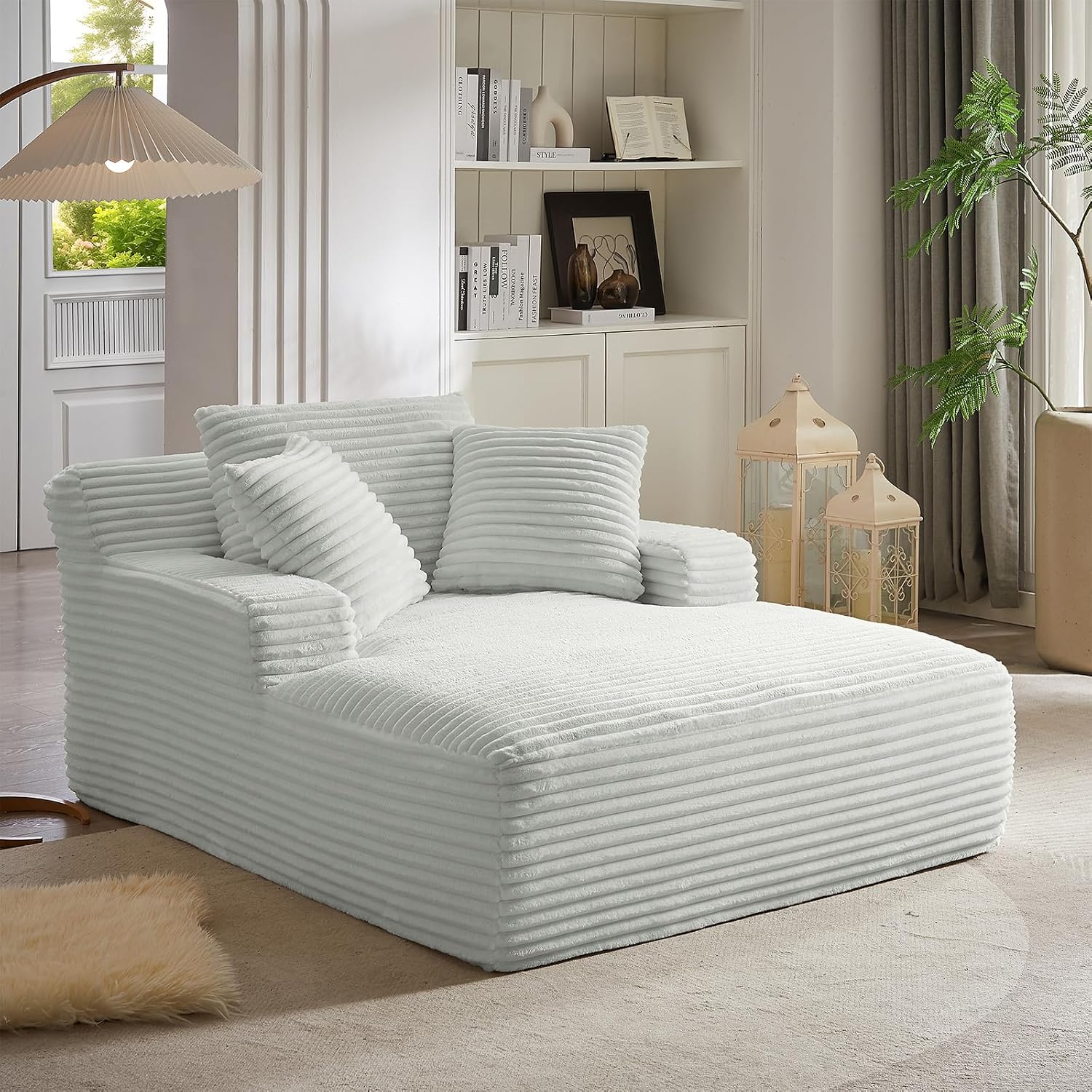 Oversized Chaise Lounge Chair Indoor, 66' Cloud Boneless Sleeper Couch Corduroy Upholstered Sofa Bed Deep Seat Comfy Reading Chair with 3 Pillows for Living Room Bedroom, Light Grey