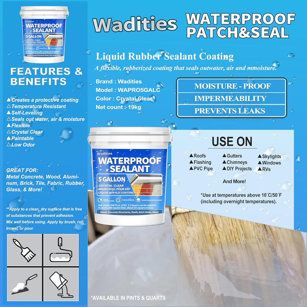 Liquid Waterproof Sealant Clear - 5 Gallon, Wadities Wall Bathroom Roof Water-Based Waterproof Coating, Invisible Repairing Leak Patch & Seal Liquid Rubber Sealant for Indoor and Outdoor