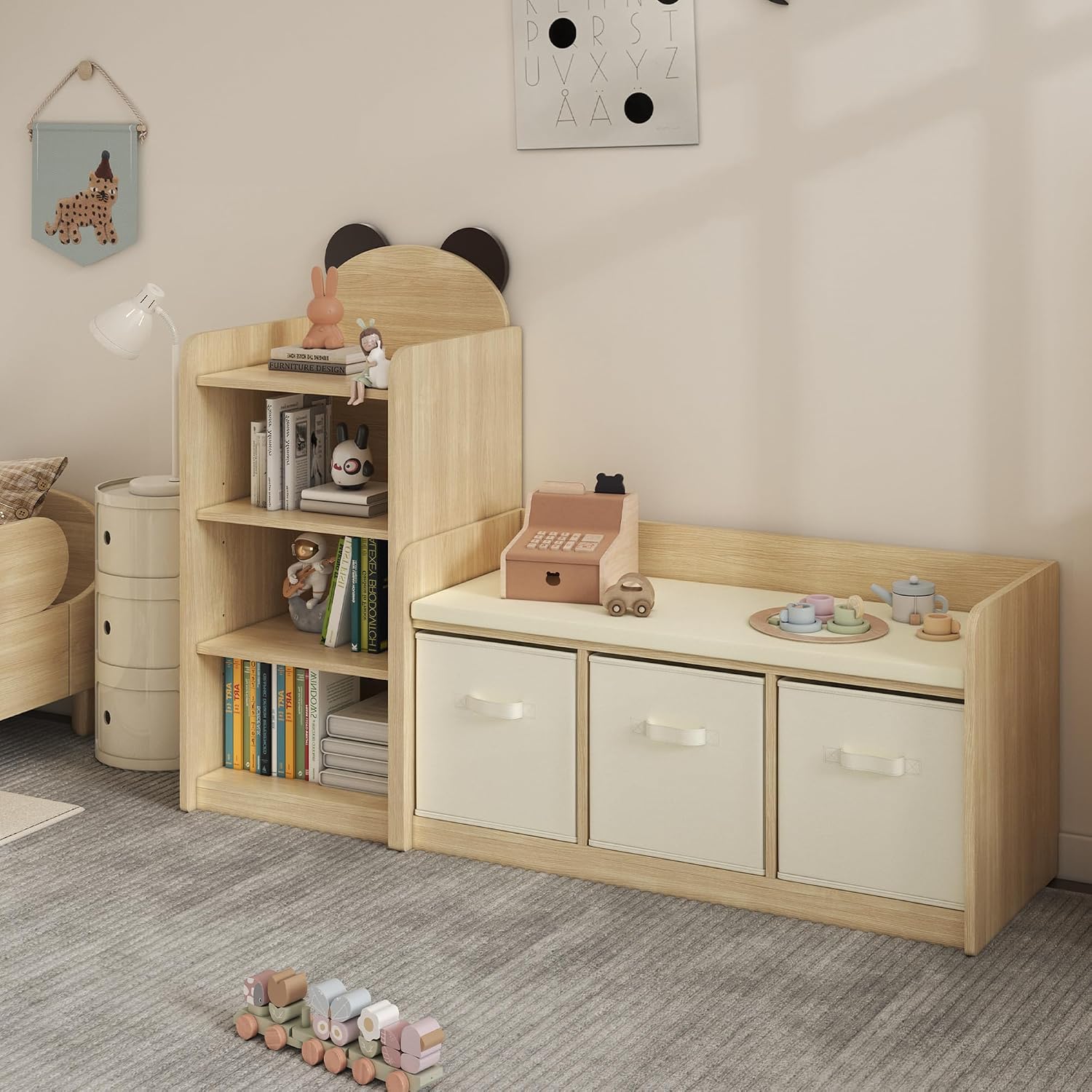 Reading Nook for Kids Bookshelf Bench and Toy Storage with Adjustable Shelves and Seat Cushion Toddler Book Shelf for Bed Room,Nursery Kids Reading Nook