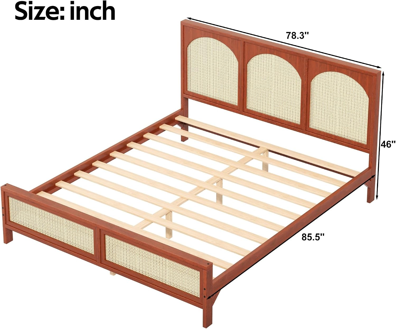 JIVOIT King Size Platform Bed with Rattan Headboard and Footboard, Wood Platform Bed Frame with Wood Slats Support, No Box Spring Needed, Easy Assembly (Walnut+Beige,King)