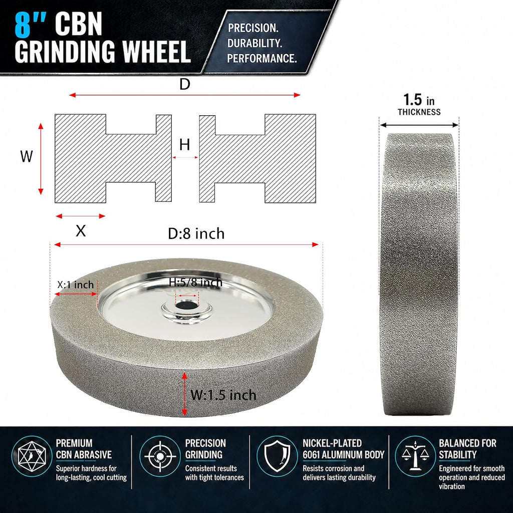 Mega Square CBN Grinding Wheel 8 Inch 180 Grit, 1.5' Wide Electroplated CBN Bench Grinder Wheel, 5/8' Arbor, 1' Side Face, for Woodturning Tools, HSS Lathe Tools, Chisels, Knives and Sharpening
