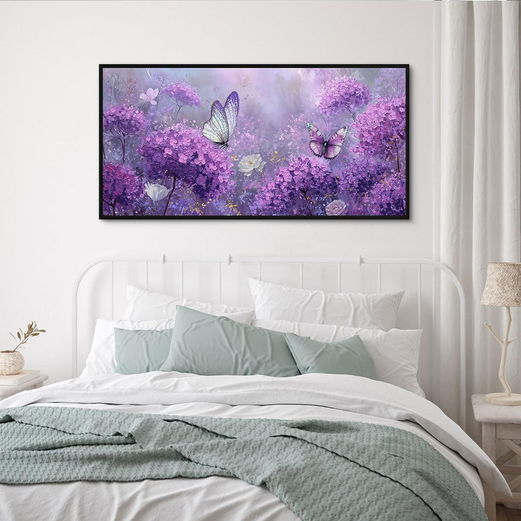 yiijeah Purple Wall Art Bedroom Canvas Lavender Bathroom Decor Butterfly Picture Items for Women Framed Artwork Print 48x24 Inches