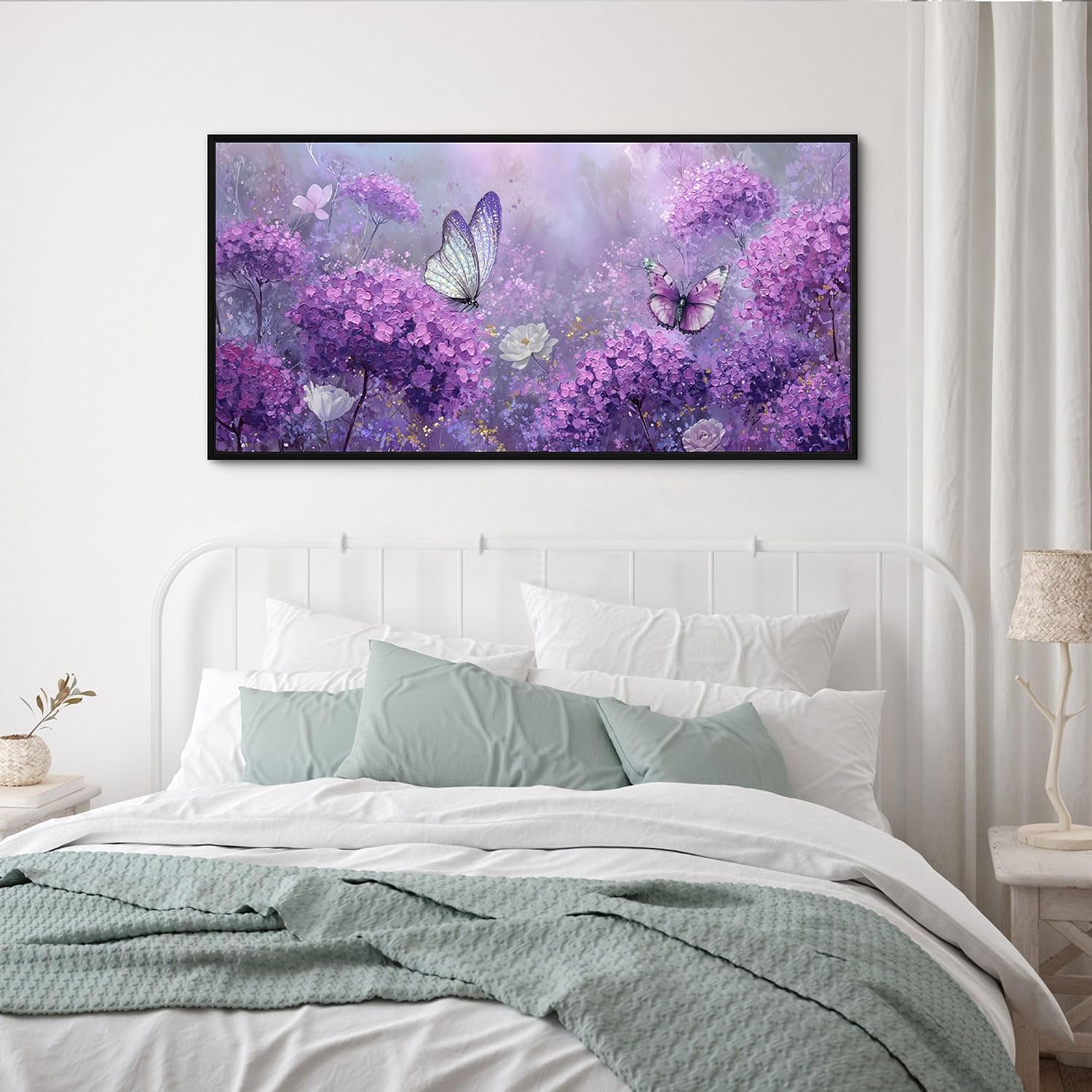 yiijeah Purple Wall Art Bedroom Canvas Lavender Bathroom Decor Butterfly Picture Items for Women Framed Artwork Print 48x24 Inches