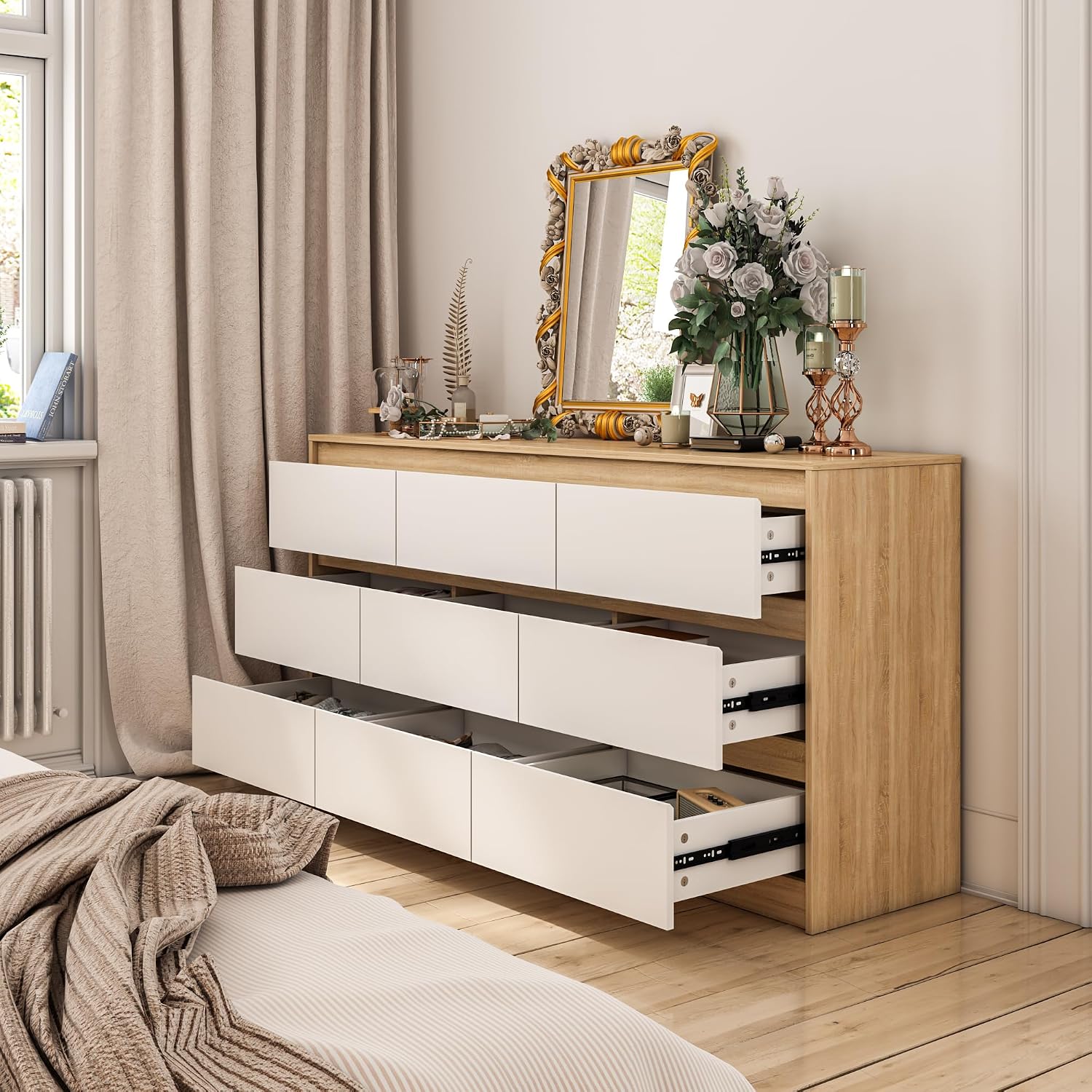 9 Drawer Dresser for Bedroom with Deep Drawers, Large Floor Wood Dressers & Chest of Drawers Handle Free, Modern Long Dressers for Closet Living Room, Wood Color (63' W x 15.7' D x 31.5' H)