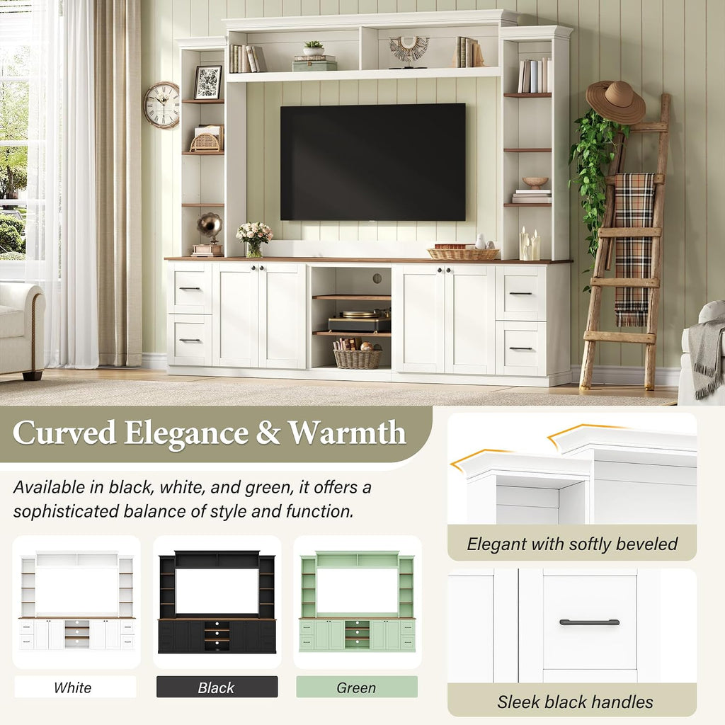 4-Piece Entertainment Center Wall Unit for TVs up to 70', Large TV Stand with Bookcase, 6 Drawers & Adjustable Shelves, Elegant Large Wall Media Console Unit for Living Room, White