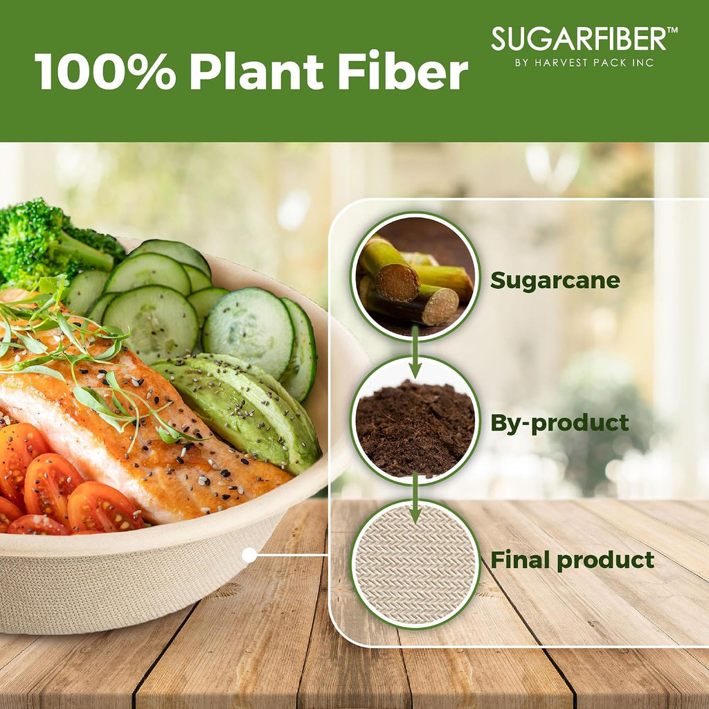 [500 SET]Harvest Pack PFAS FREE 32oz Compostable Round Paper Bowls with Dome Lids, Heavy-Duty Eco-Friendly Disposable Bagasse Salad Bowl, from Sugarcane plant fibers for Meal Prep