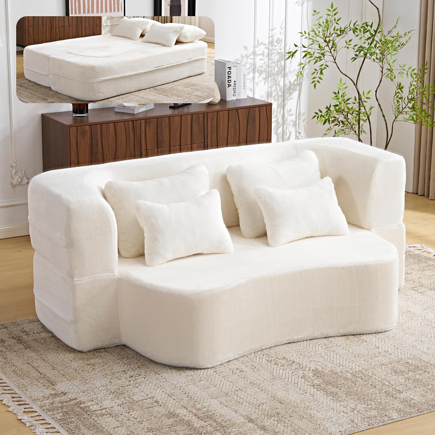 Convertible Folding Sofa Bed, 78' Full Size Loveseat Sleeper Sofa, Chenille Foldable Boneless Floor Couch with 4 Pillows for Guest Living Room Bedroom, No Assembly Required (Beige White)