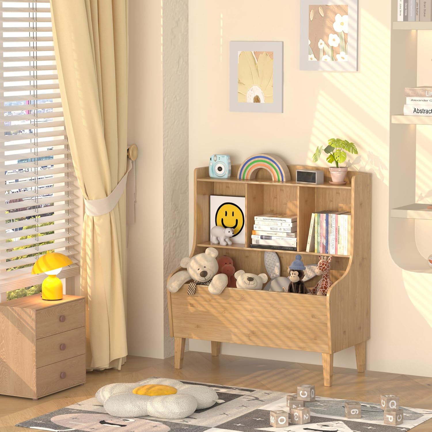 Kids Bookshelf and Toy Storage Organizer，Bamboo Bookcase，Fit for Children's Room, Playroom, Bedroom,Hallway, Kindergarten (Nature)