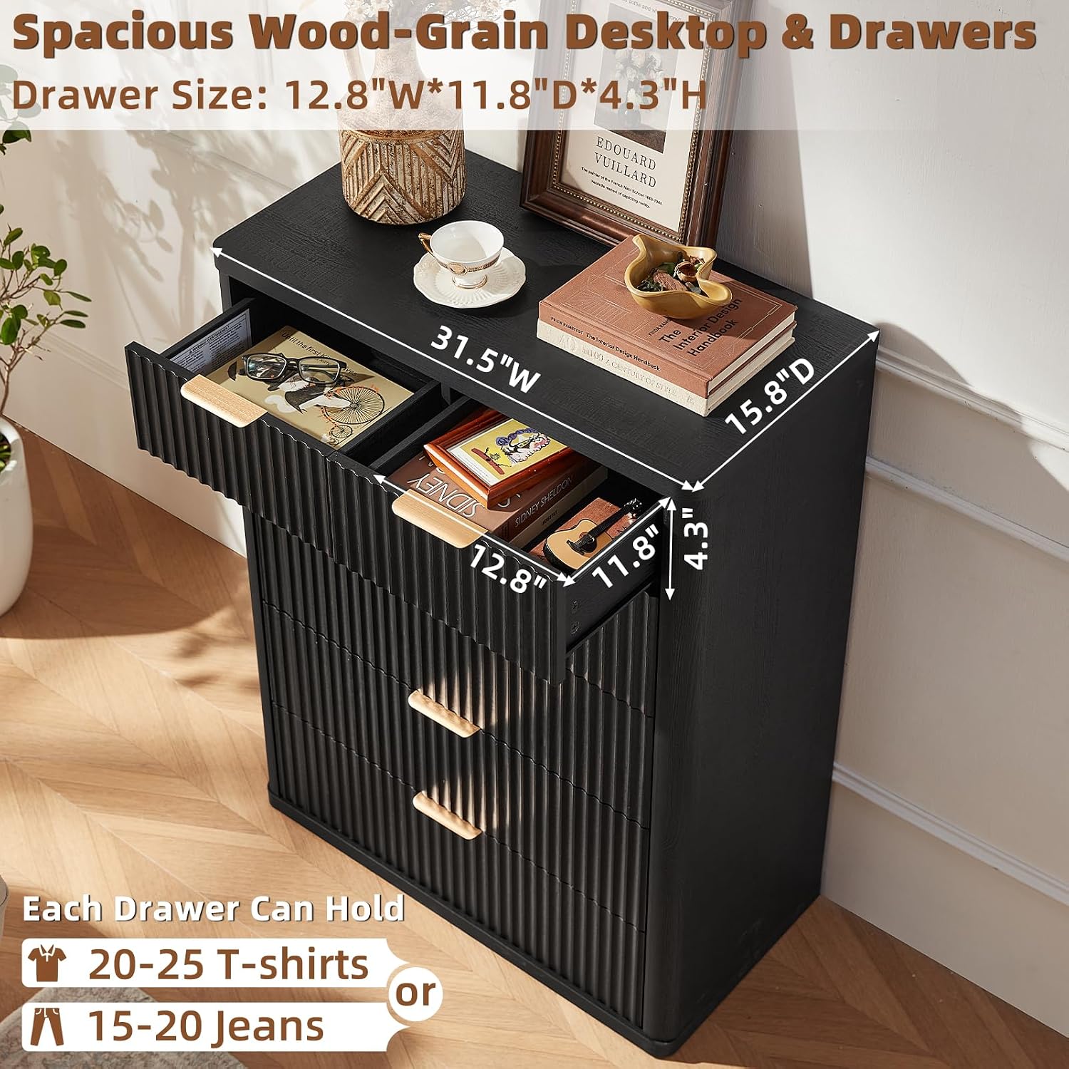 LEYAOYAO Fluted 6 Drawers Dresser for Bedroom, 42' Tall Modern Chest of Drawers with Metal Handle, Curved Profile Design,Black Wood Drawer Organizer for Bedroom, Living Room, Hallway, Entryway