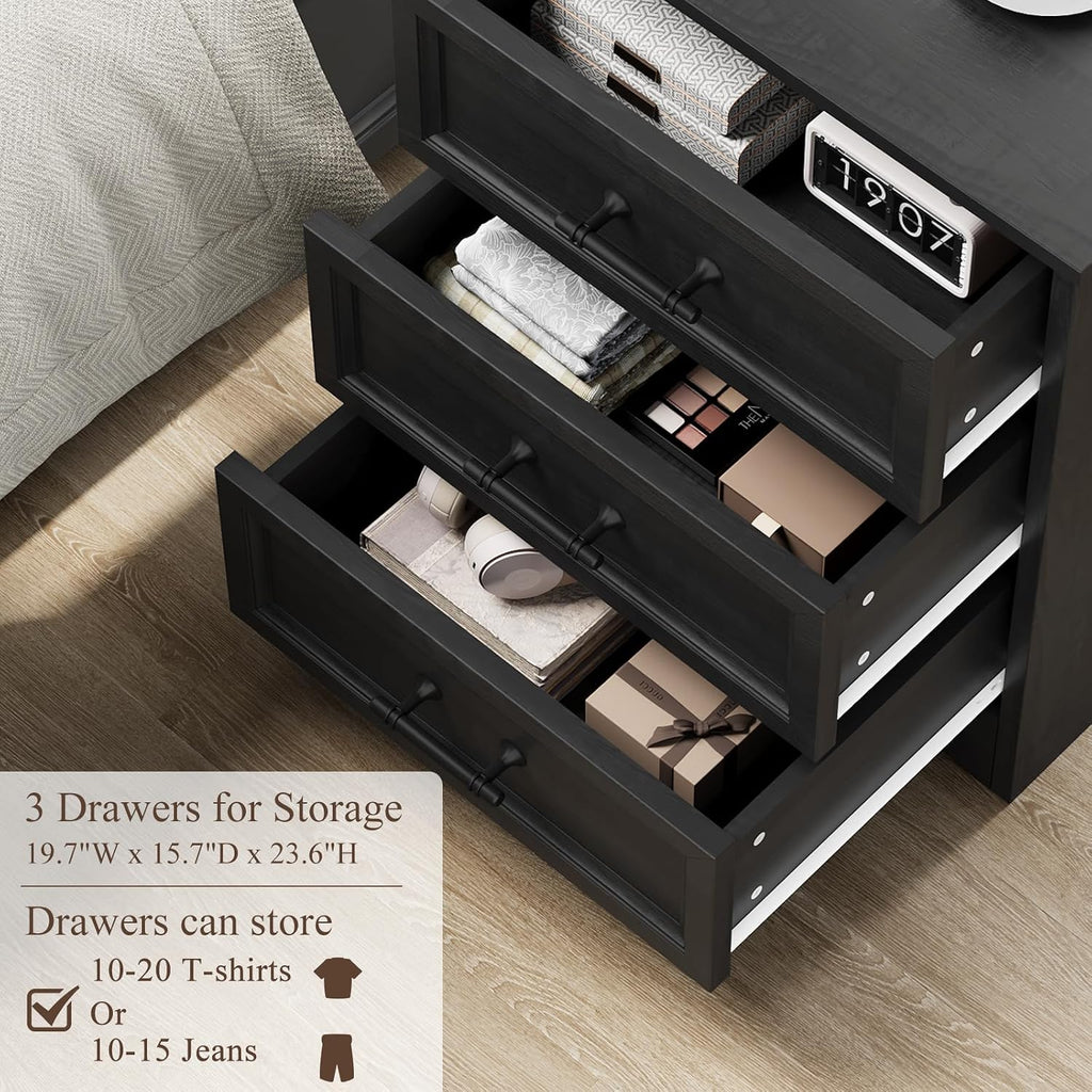 Black Nightstand with Charging Station, 19.7' Farmhouse End Table with 3 Drawers Storage, Bedside Table with Brushed Metal Handles, Unique Base Design, 3 Drawer Dresser for Bedroom, Living Room