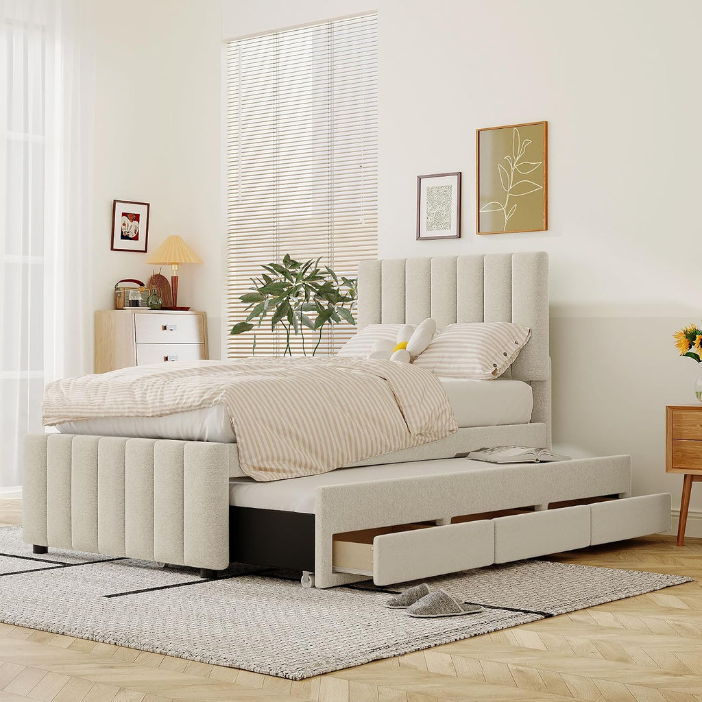 VilroCaz Twin Size Upholstered Platform Bed with Trundle and 3 Drawers, Linen Fabric Platform Bed Frame with Stripe Headboard, No Box Spring Needed, Space Savings (Beige+Li)