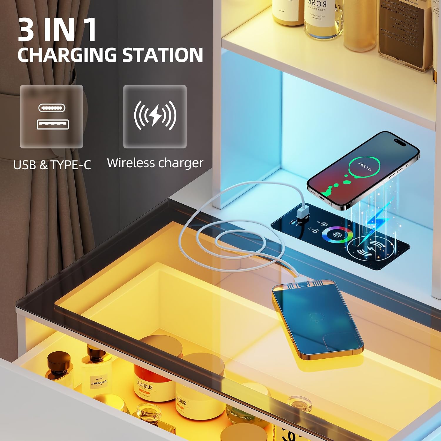 Glass Top Makeup Vanity Desk with RGB LED Light & Adjustable Mirror, Modern Makeup Dresser with Charging Station,Vanity Table Set with 6 Drawers & Hair Dryer Holder for Bedroom,White