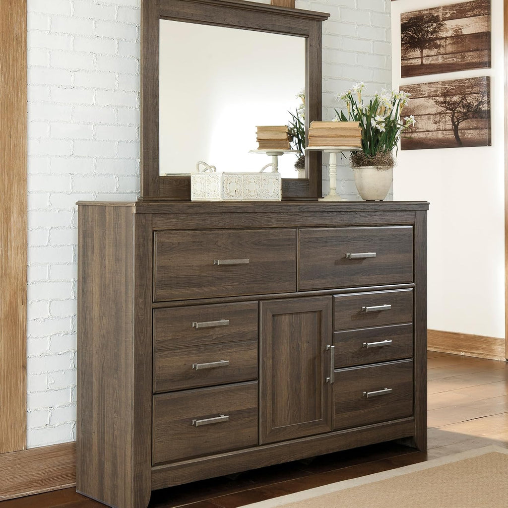 Signature Design by Ashley Juararo Vintage Smooth-Gliding 6-Drawer Dresser and Mirror with Safety Stop, Cabinet and Adjustable Shelf, Dark Brown