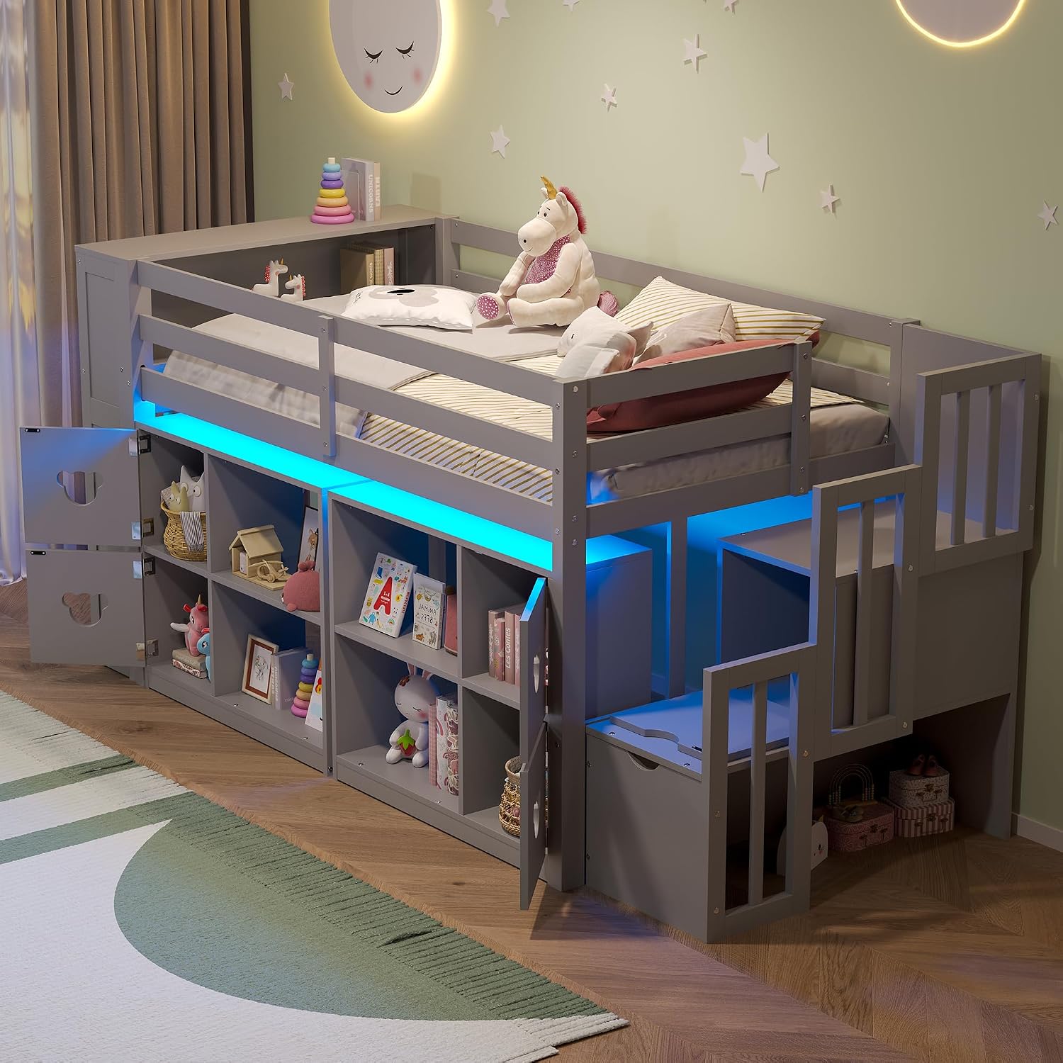 JIVOIT Twin Size Low Loft Bed with Open Shelves, Storage Cabinets, Storage Headboard and Stair, Full-Length Guardrails, No Box Spring Needed (Grey, 50)