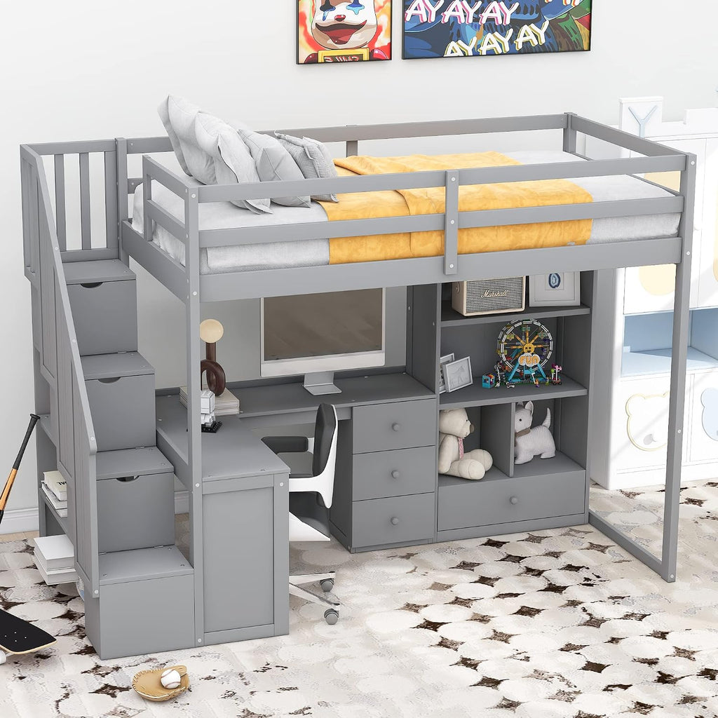 Twin Size Loft Bed with L-Shaped Desk and Drawers,Multifunctional Wooden Bed Frame,W/Cabinet and Storage Staircase, No Box Spring Requiredfor Kids Boys Girls Teens,Gray