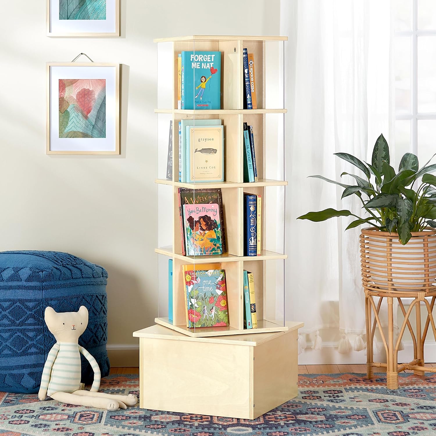 Guidecraft Floor Standing Rotating Book Display: Spinning Bookshelf Tower for Classroom, Kids Playroom, Library | Revolving Bookcase w/Acrylic Windows, Birch Plywood Montessori Storage Furniture