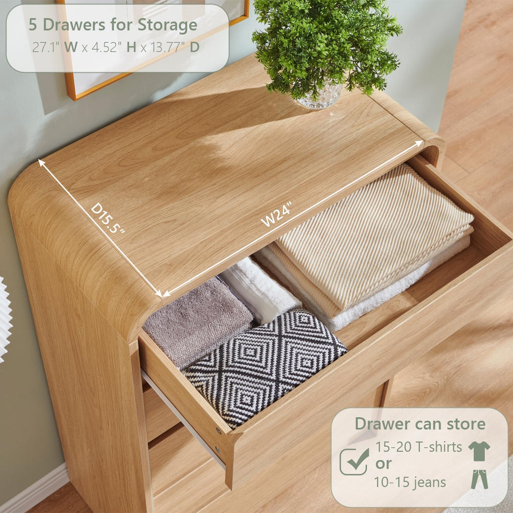 Aitjunz Modern 5 Drawers Dresser for Bedroom, 45' Tall Dressers & Chests of Drawers w/Curved Profile Design, Wood Mid Century Vertical Dresser w/Natural Texture for Bedroom, Living Room, Natural Oak