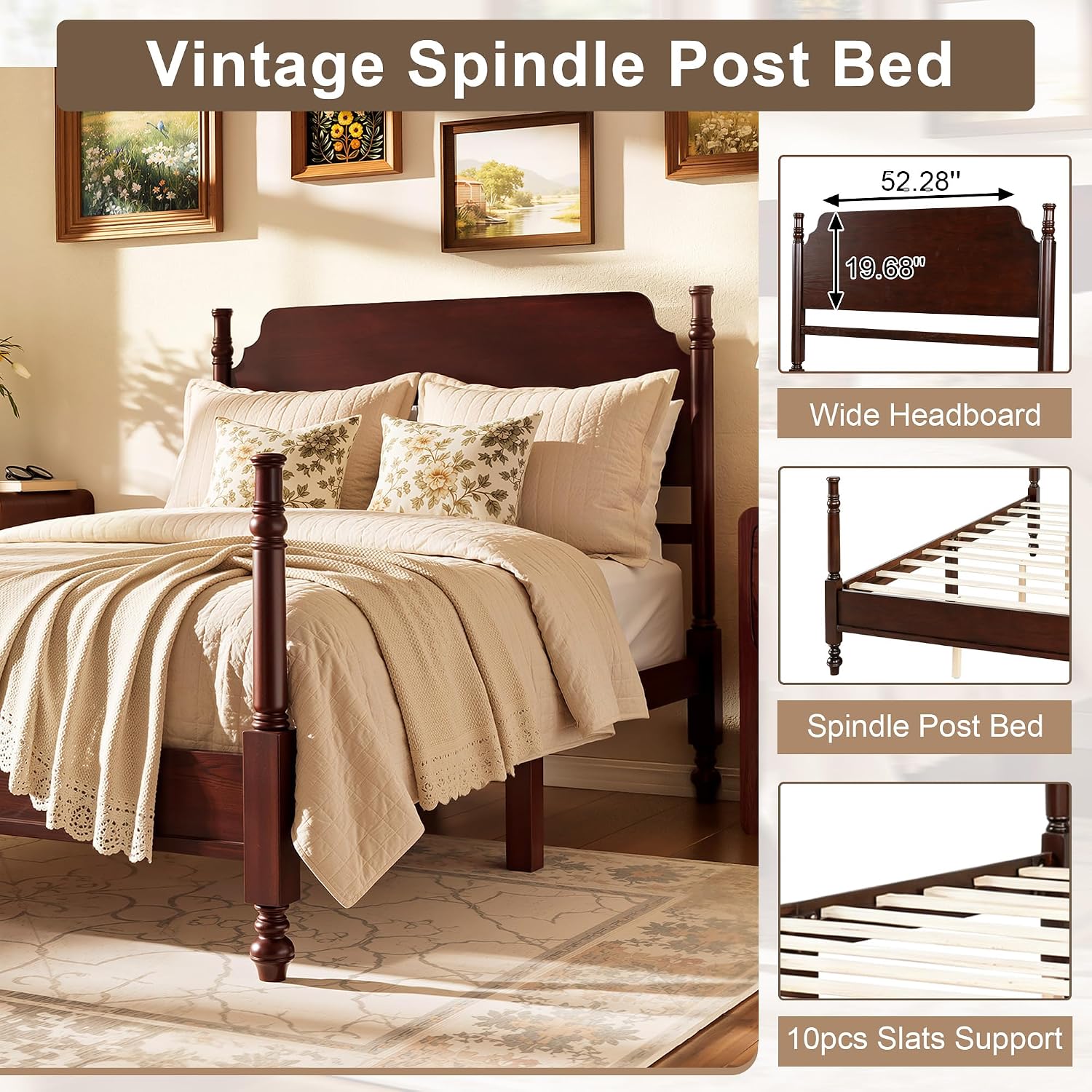 Merax Vintage Wood Spindle Post Bed with Headboard, Full Size Traditional Platform Bed Frame/No Box Spring Needed/Easy Assemble, Dark Walnut