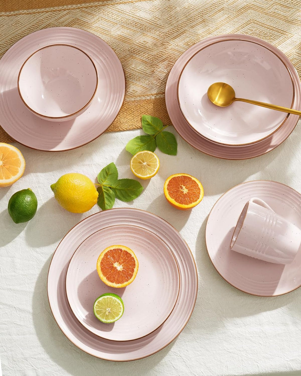 Famiware Jupiter 16-Piece Stoneware Dinnerware Set for 4 - Includes Pasta Bowl & Dinner Plate, Handcrafted Dishes with Speckles & Embossed Swirls, Chip & Scratch Resistant, Daily & Formal Use, Pink