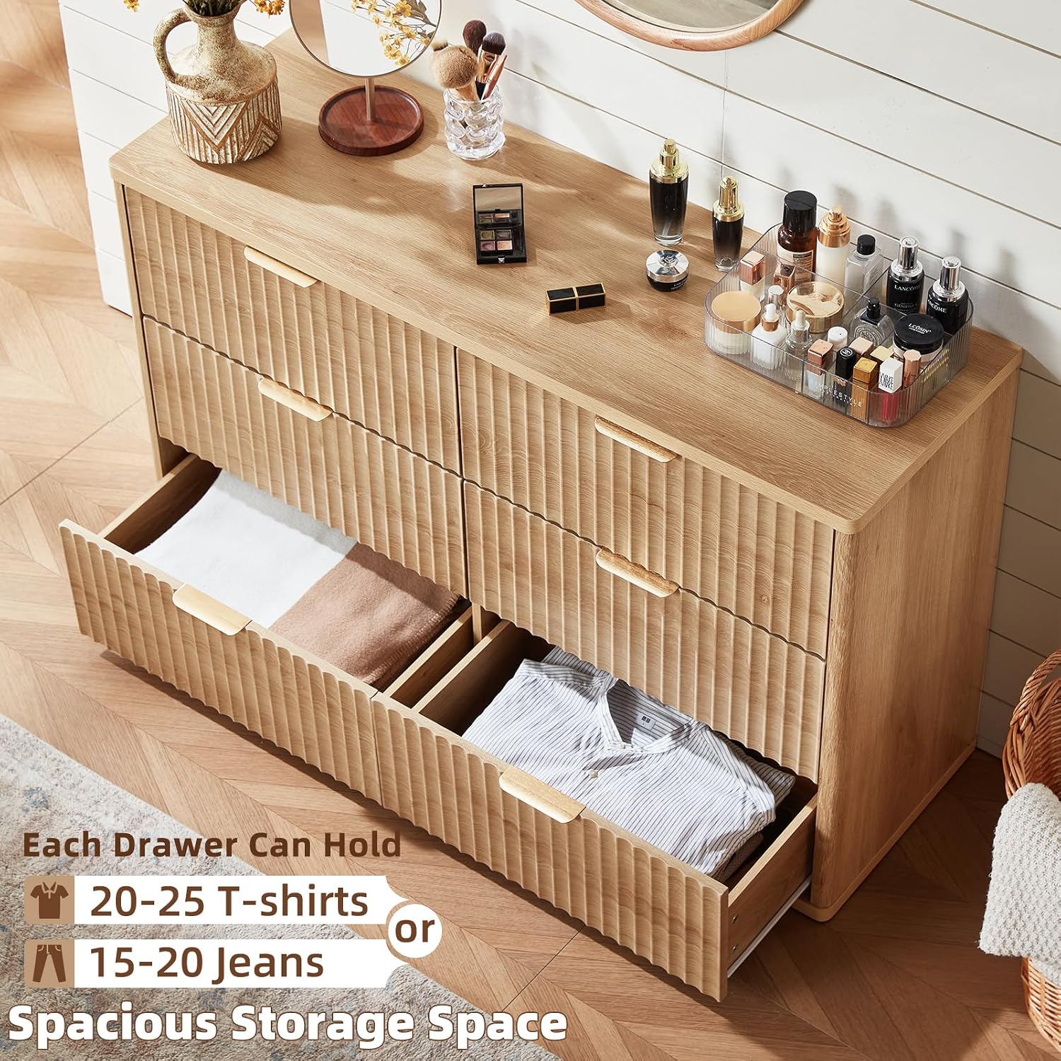 LEYAOYAO Fluted 6 Drawers Dresser Set of 2, 48' Wide Modern Chest of Drawers with Metal Handle, Natural Curved Profile Dresser TV Stand, Wooden Drawer Organizer for Bedroom, Living Room, Hallway