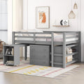 JIVOIT Full Size Low Loft Bed with Rolling Portable Desk, Wooden Loft Bed with Cabinet/Bookshelf/Drawers/Open Shelves for Kids Teens Adults, No Box Spring Required (Gray-Full-Rolling Portable Desk)