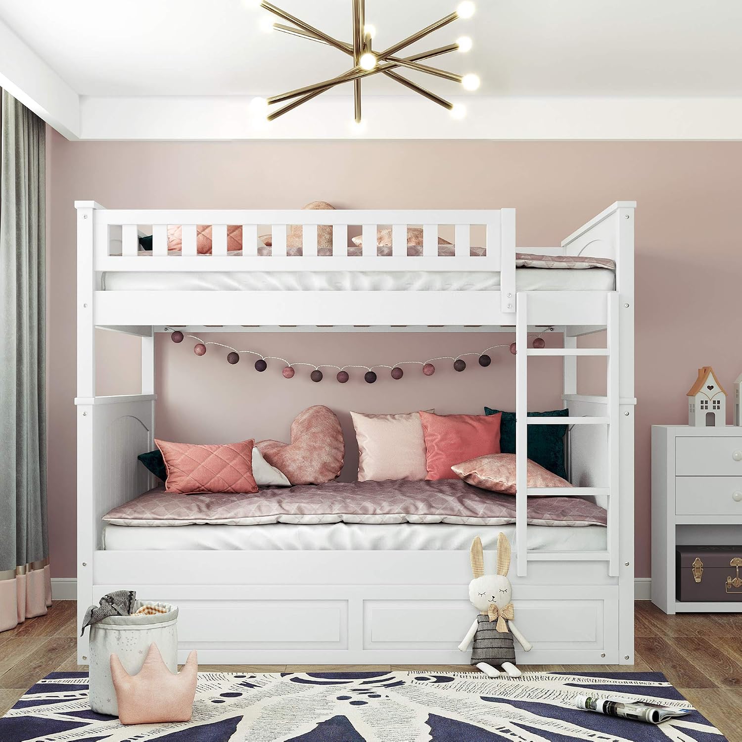 SOFTSEA Full Over Full Bunk Bed with Trundle for 3, Wood Bunk Beds with Trundle for Kids Teens, Divided Into Two Separate Full Beds, Space Saving, No Box Spring Needed, White