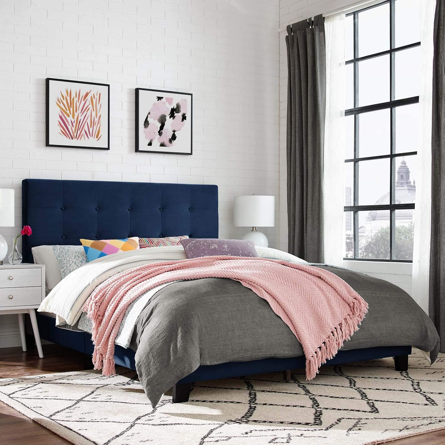 Modway Melanie Performance Velvet Upholstered Tufted King Platform Bed in Midnight Blue