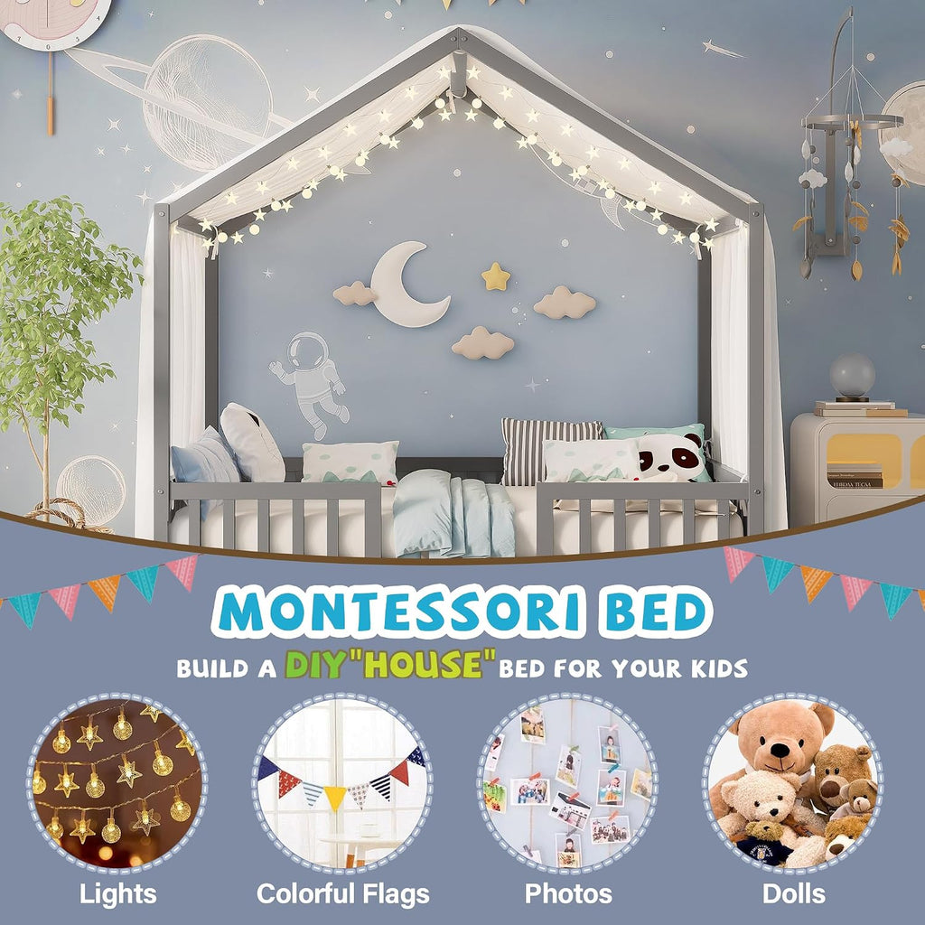 Full Montessori House Bed with High Rails, Wood Low House Floor Bed with Roof & Canopy, Full House Beds Frame for Girls Boys, No Box Spring Needed, Gray