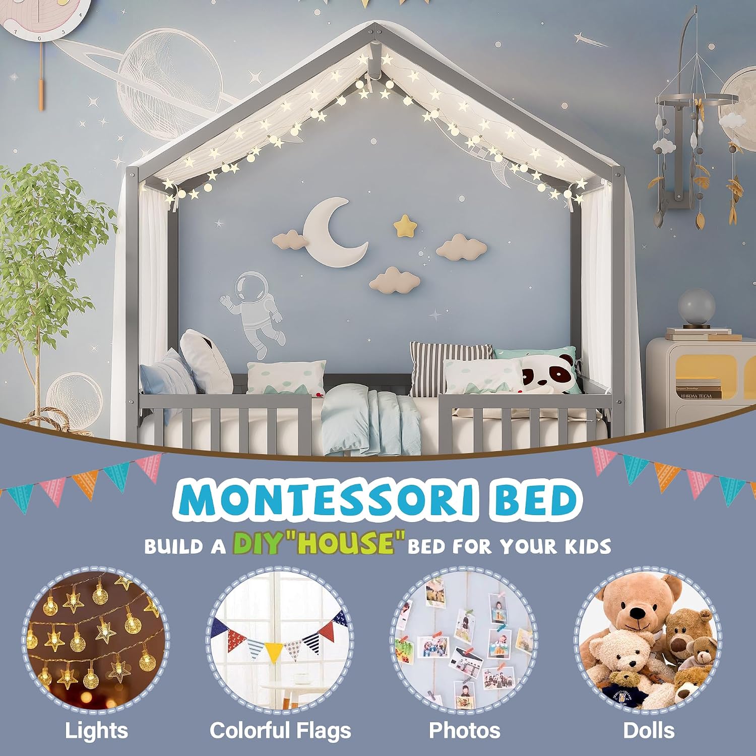 Full Montessori House Bed with High Rails, Wood Low House Floor Bed with Roof & Canopy, Full House Beds Frame for Girls Boys, No Box Spring Needed, Gray
