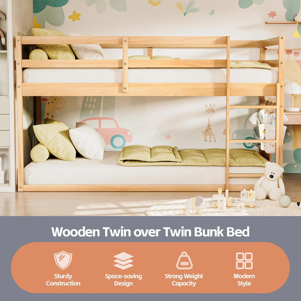 TOLEAD Low Bunk Bed Twin Over Twin, Floor Bunk Bed with Ladder, Twin Bunk Bed with Full Guardrails, Wooden Bunk Bed for Juniors, Boys, Girls, Kids, Bedrooms (Natural)