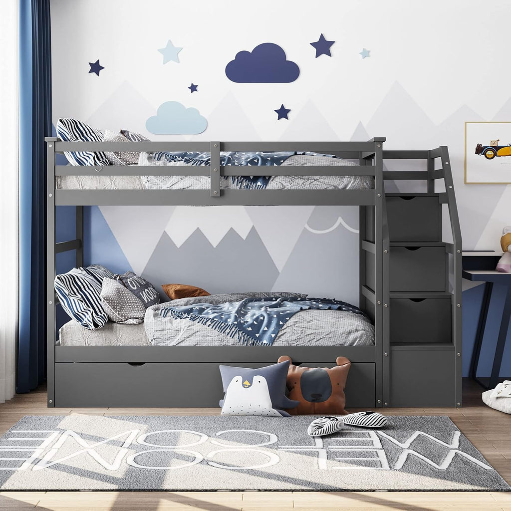 Harper & Bright Designs Twin-Over-Twin Bunk Bed with Twin Size Trundle and 3 Storage Stairs, Trundle Bunk Bed, Staircase Can be Installed on Right or Left Side (Gray)